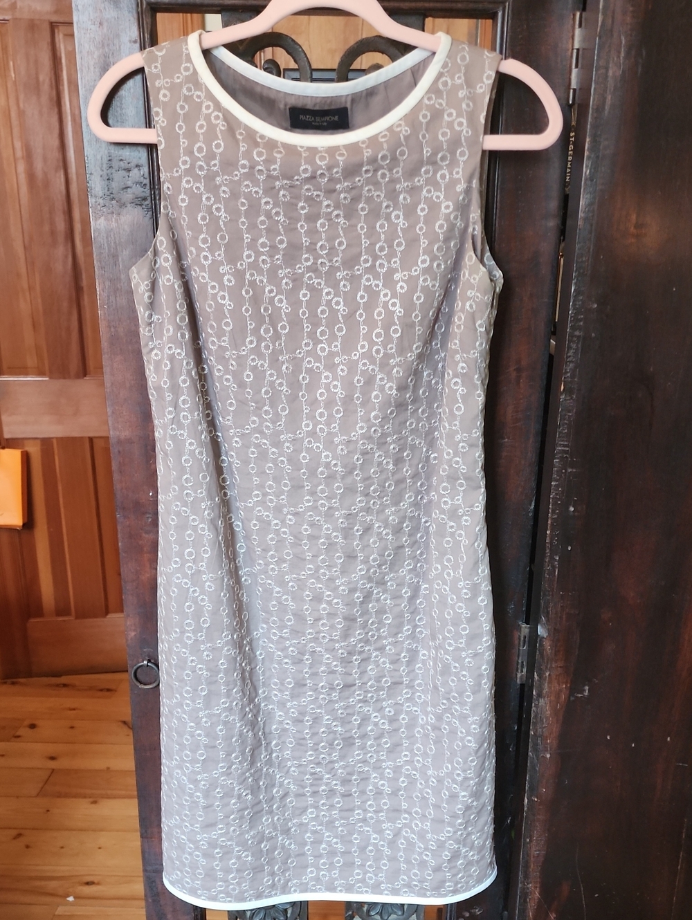 Piazza Sempione Taupe Sheath Dress with White Embroidery